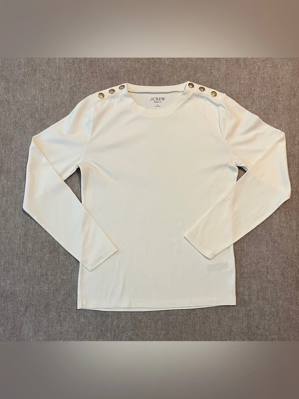 Crew Perfect Fit Cream Gold Button Shoulder Long Sleeve Top Large